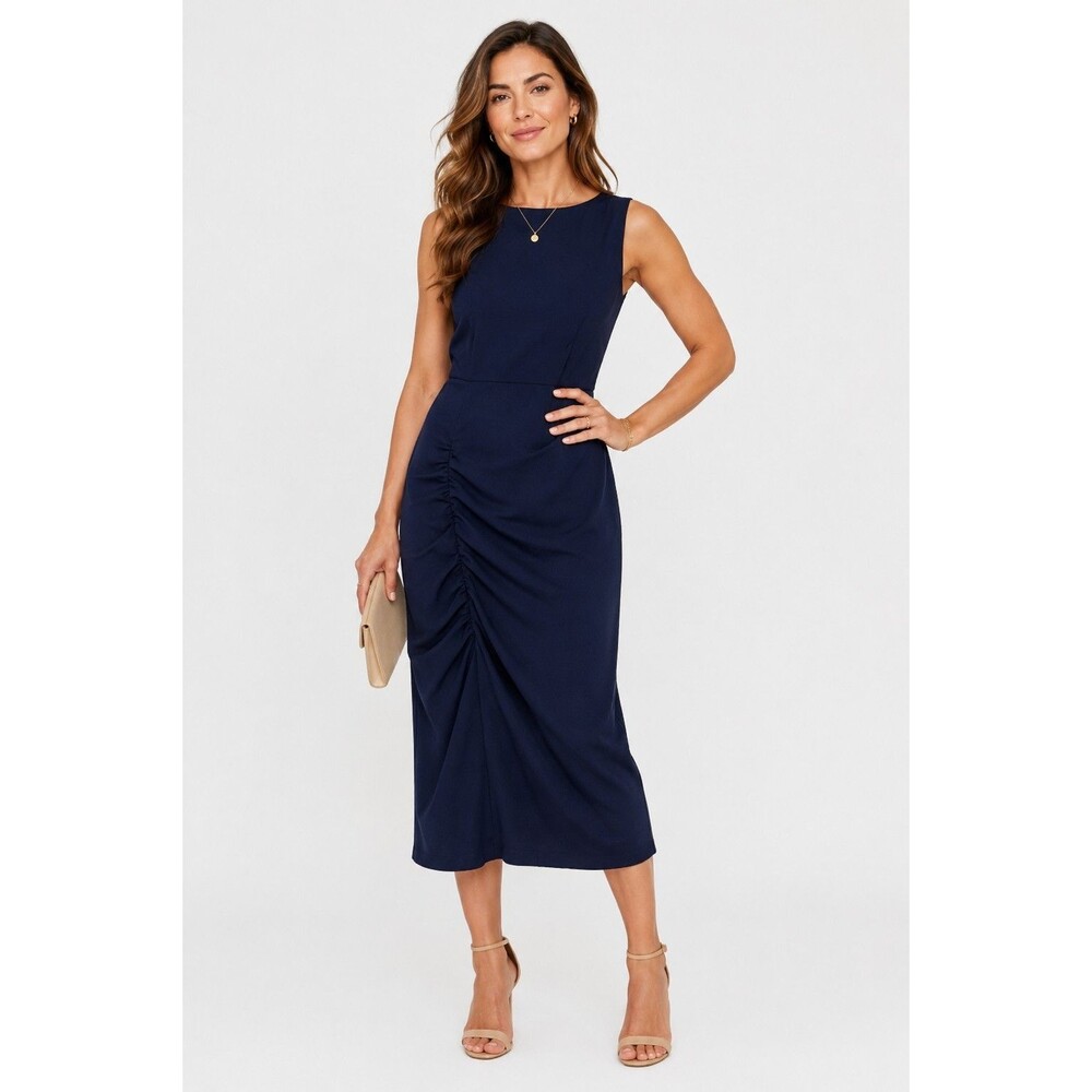 Betsy & Adam Navy Blue  Sleveless Open Back Shift Dress Rouched Side 12 NWT